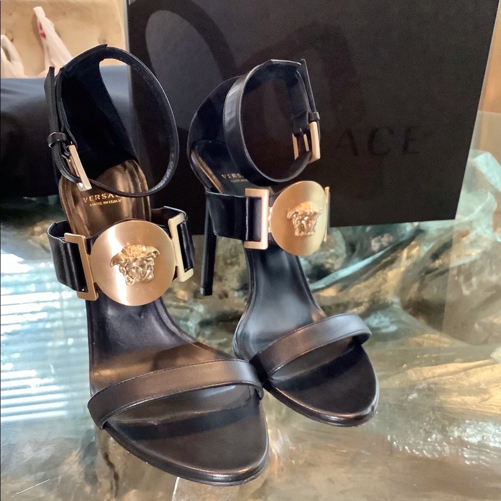 Versace Black Gold Medallion Sandals - Picture 2 of 10